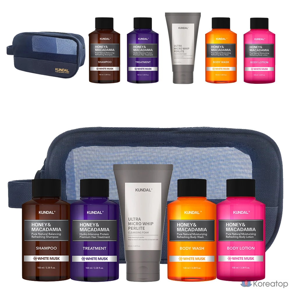 Дорожный набор Kundal из 5 предметов, в комплекте очищающая пенка типа B, аромат белого мускуса, 2 комплекта.