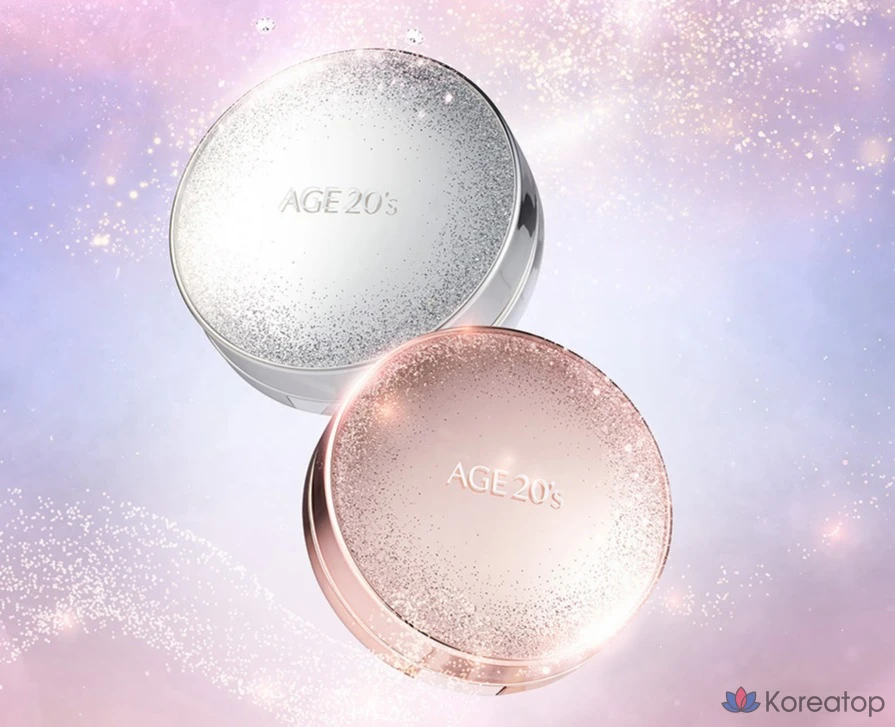 Набор для макияжа Age 20's Essence Cover Pact Sparkle Case + сменный блок 12,5 г x 2 шт. + ампула 10 мл x 4 шт., № 21, белый бежевый, 1 шт.