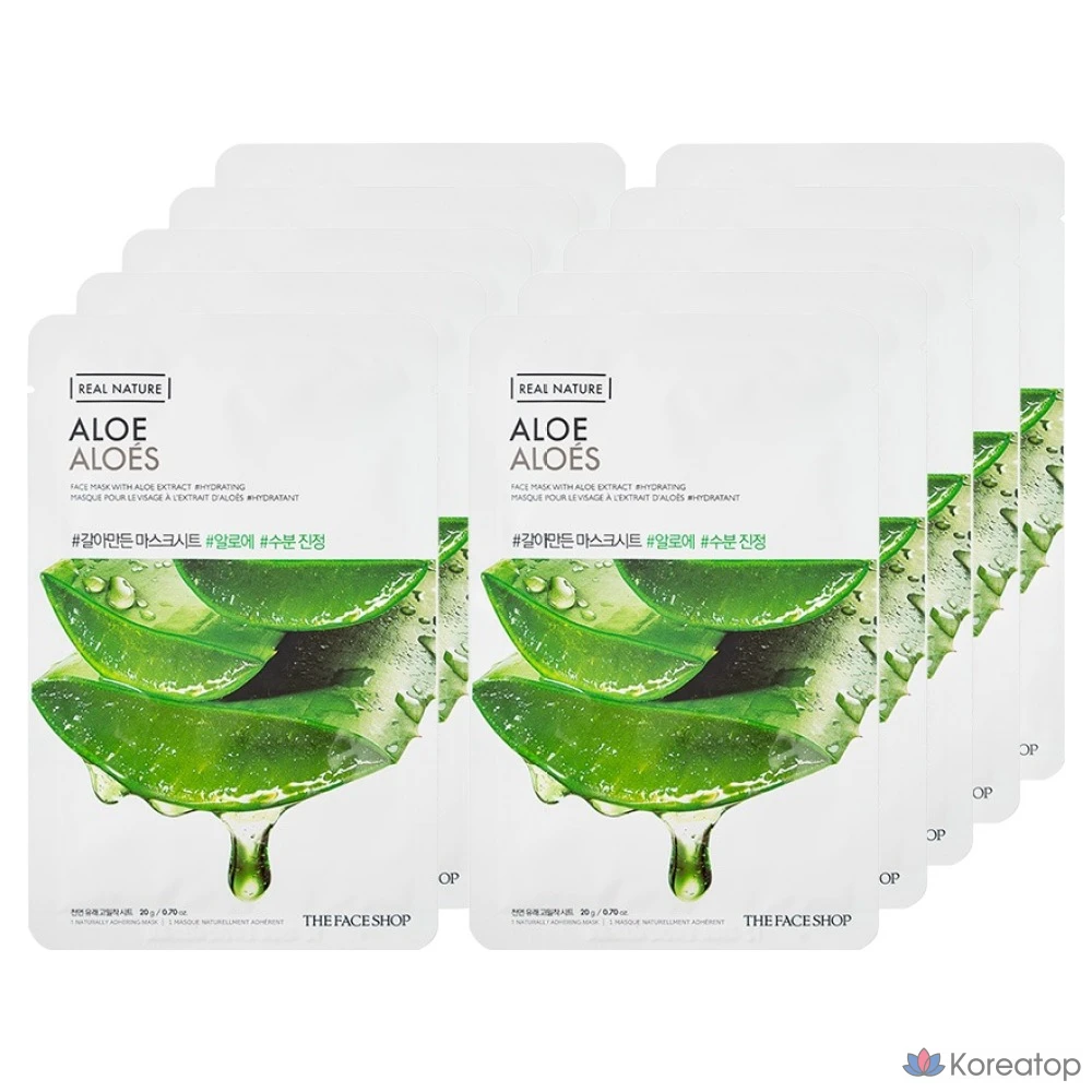 Тканевые маски для лица с алоэ вера от The Face Shop, 1 упаковка, 10 штук.