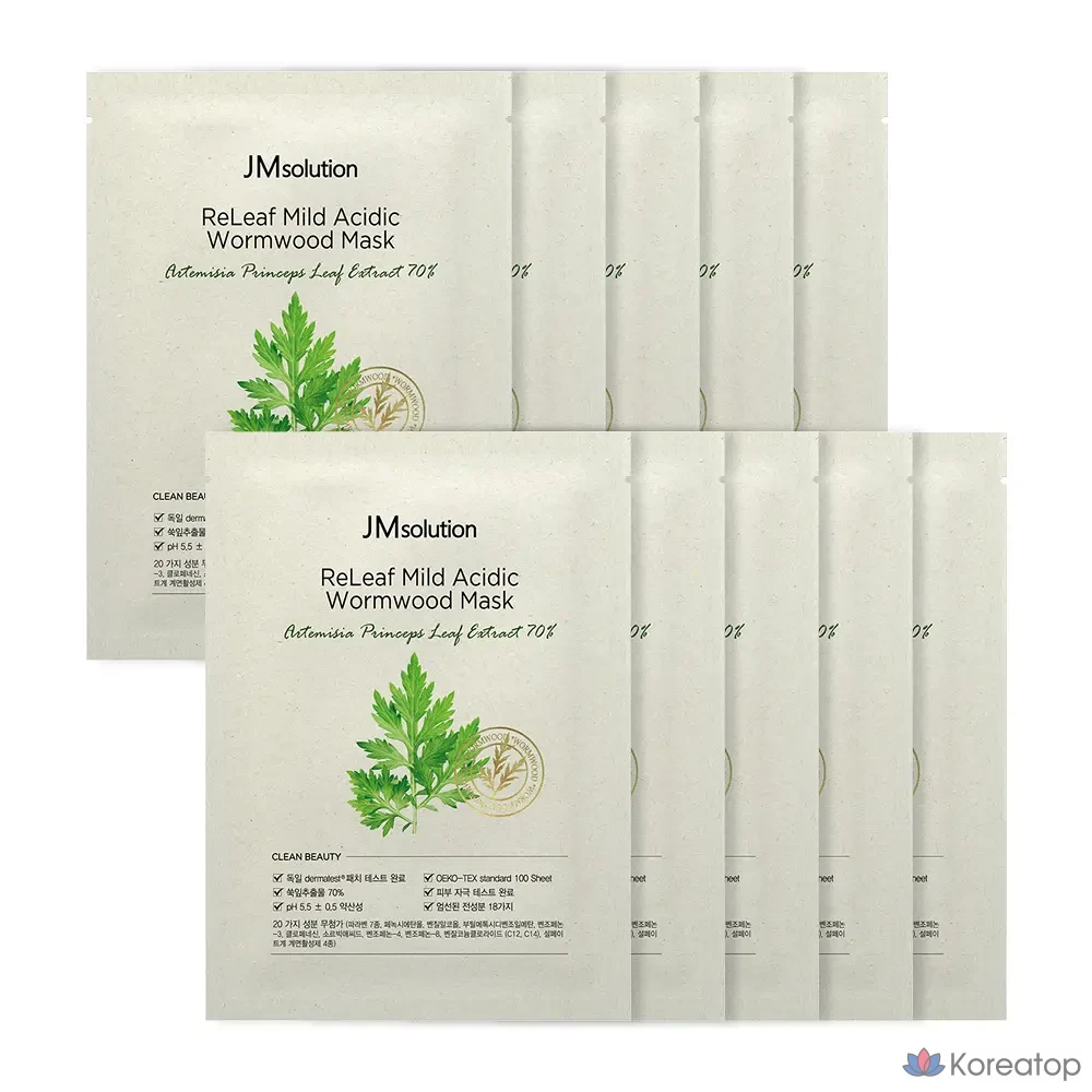 Маска для лица JM Solution Relief с мягким кислым эффектом и экстрактом полыни, 10 штук, 1 упаковка.