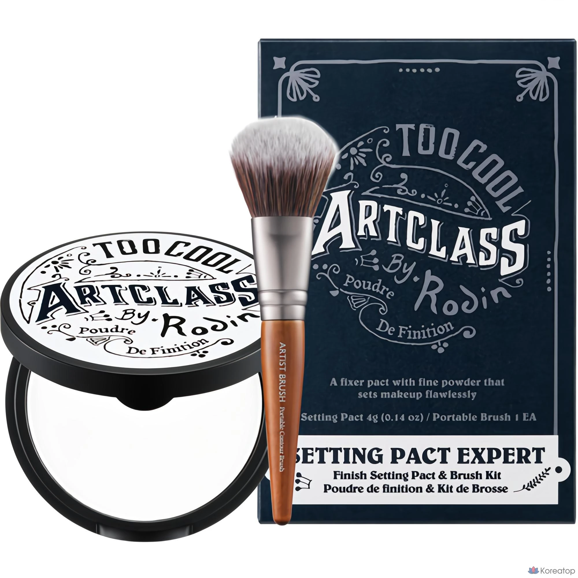 Набор для фиксации макияжа Too cool for school от Rodin Finish Setting Pact 4 г + портативная кисть для контуринга, разные цвета, 1 шт.