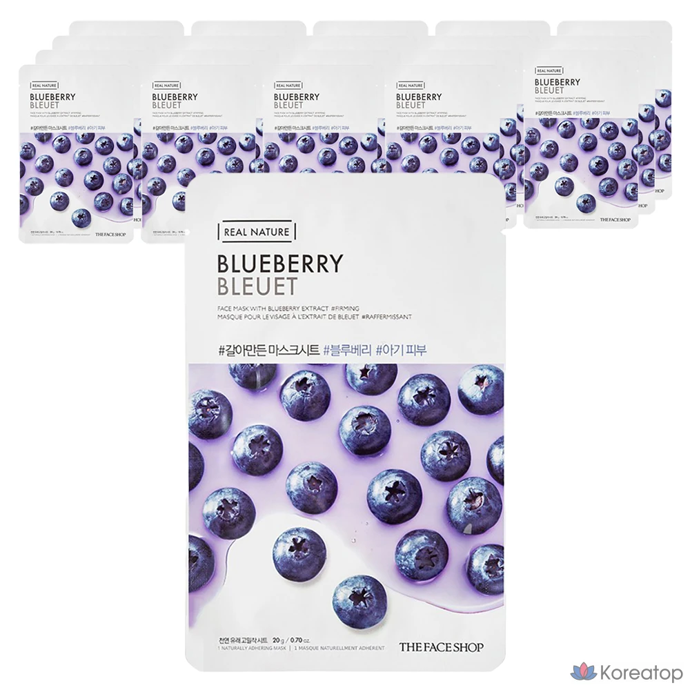 Тканевые маски для лица The Face Shop с ароматом черники, 1 упаковка, 20 листов.