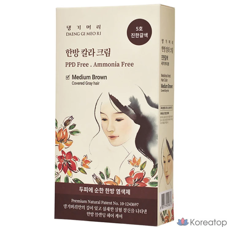 Краска для поврежденных волос Danggi Meori, крем-краска для волос в восточном стиле № 5, темно-коричневый, 1 шт.
