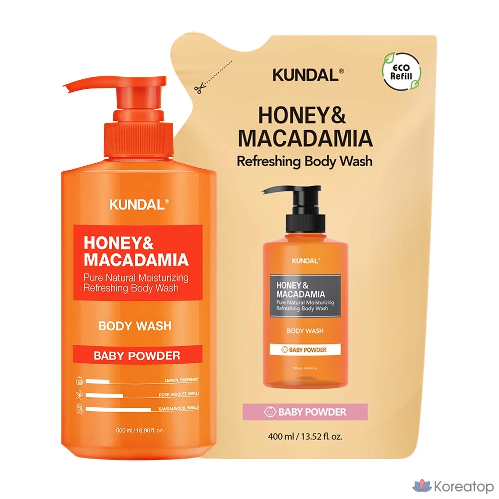 Гель для душа Kundal с медом и макадамией, аромат детской присыпки, 900 мл, 1 шт.