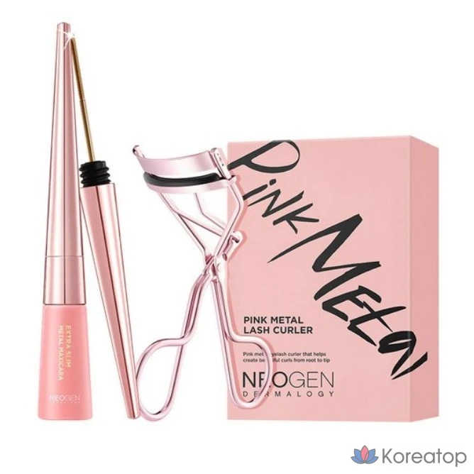 Тушь для ресниц Neogen Extra Slim Metal Maxi Mascara Black, 6 мл, набор из двух металлических щипцов для завивки ресниц Pink Metal, черный (BLACK), 1 шт.