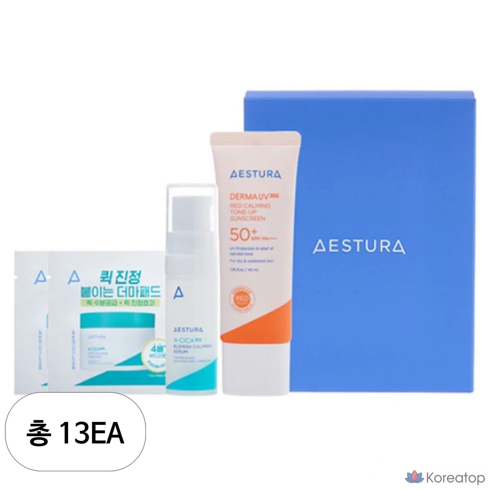 Набор: солнцезащитный крем Estura Derma UV365 Red Calming Tone-up Sunscreen 40 мл SPF50+ PA++++, успокаивающие подушечки Acica 365 Calming Pack Pad 2 шт., успокаивающая сыворотка 5 мл.