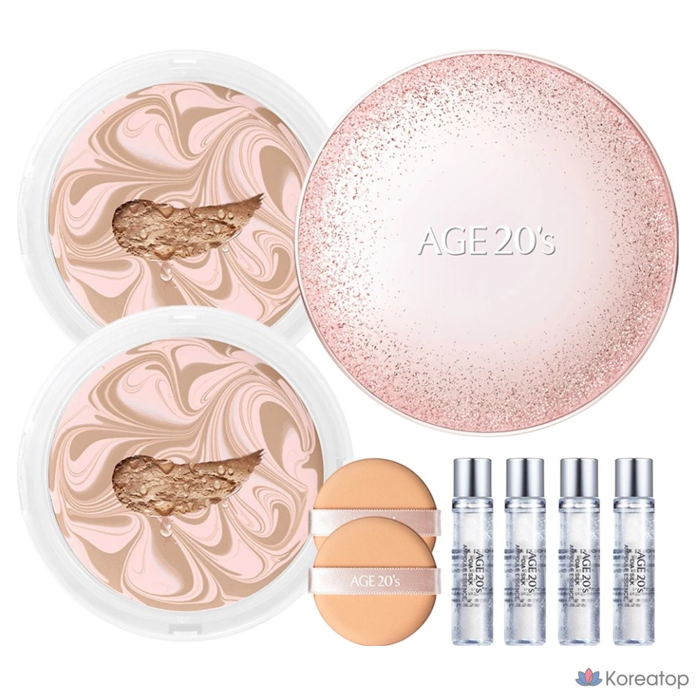 Набор для макияжа Age 20's Essence Cover Pact Sparkle Case + сменный блок 12,5 г x 2 шт. + ампула 10 мл x 4 шт., розово-бежевый, № 21, 1 шт.