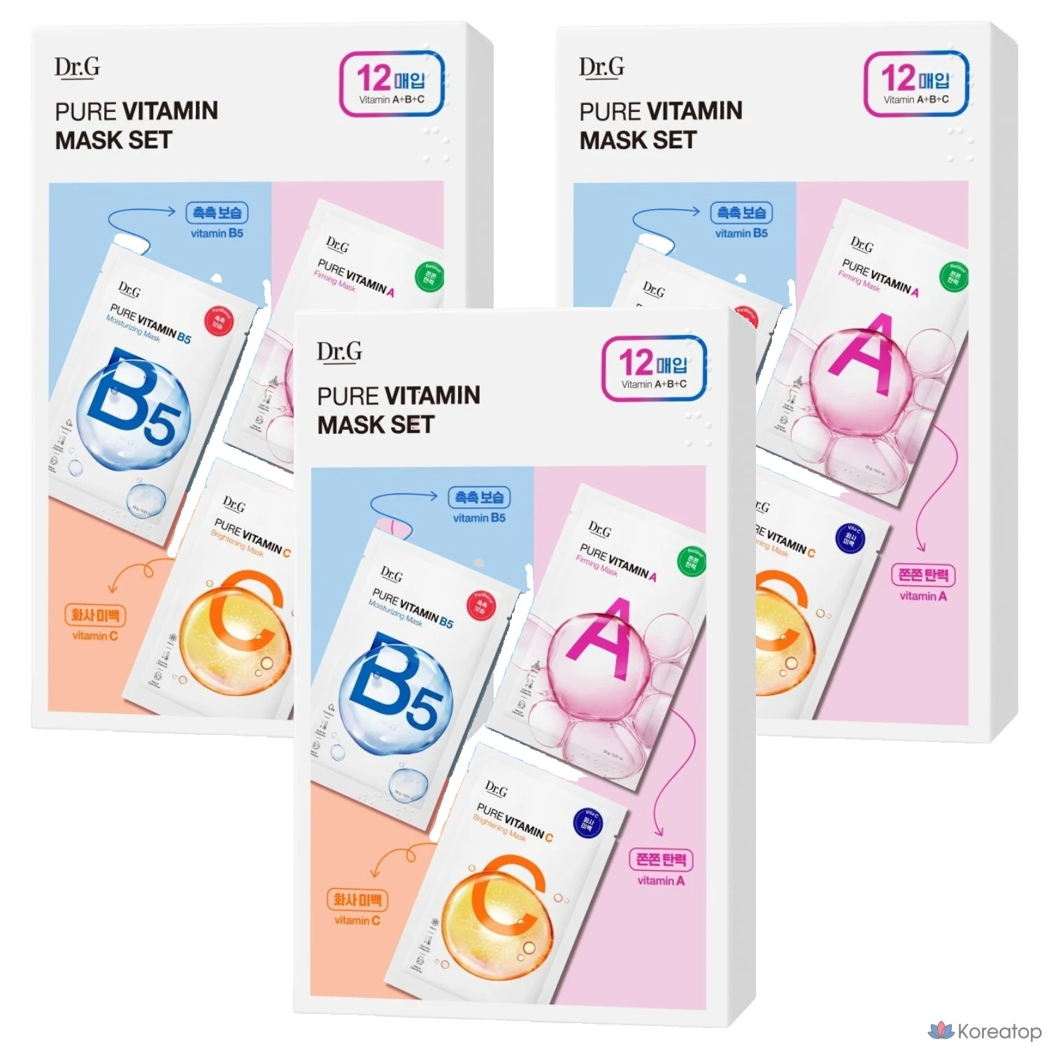 Набор из 3 масок Dr.G Pure Vitamin A Firming 4p + Vitamin B5 Moisturizing 4p + Vitamin C Brightening 4p.