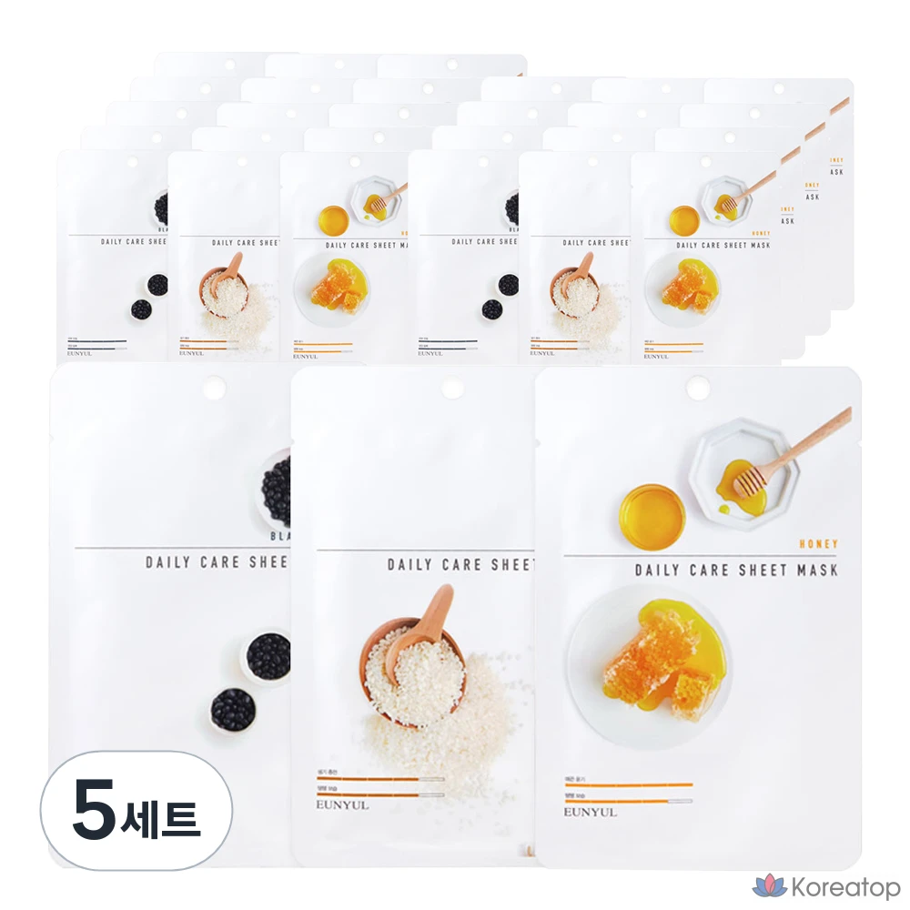 Набор увлажняющих тканевых масок Eunyul Daily Care: черная фасоль 10 пенсов + рис 10 пенсов + мед 10 пенсов, 30 штук, 5 упаковок.