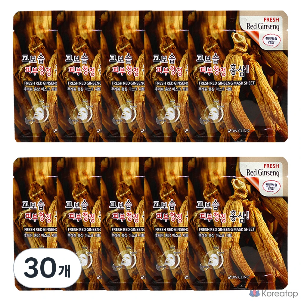 Тканевая маска для лица 3W Clinic Fresh с красным женьшенем, 1 упаковка, 30 листов.