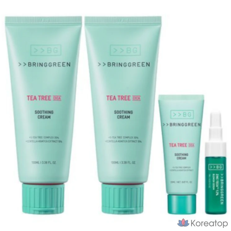 Набор Bring Green Tea Tree Cica Soothing Cream Plus 100 мл + 100 мл + крем 20 мл + сыворотка 7 мл, 1 упаковка, 227 мл.