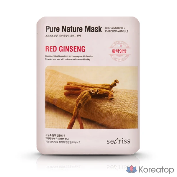 Маска для лица Secret Pure Nature Mask Pack, красный женьшень, 25 мл x 20 листов, 1 упаковка, 20 штук