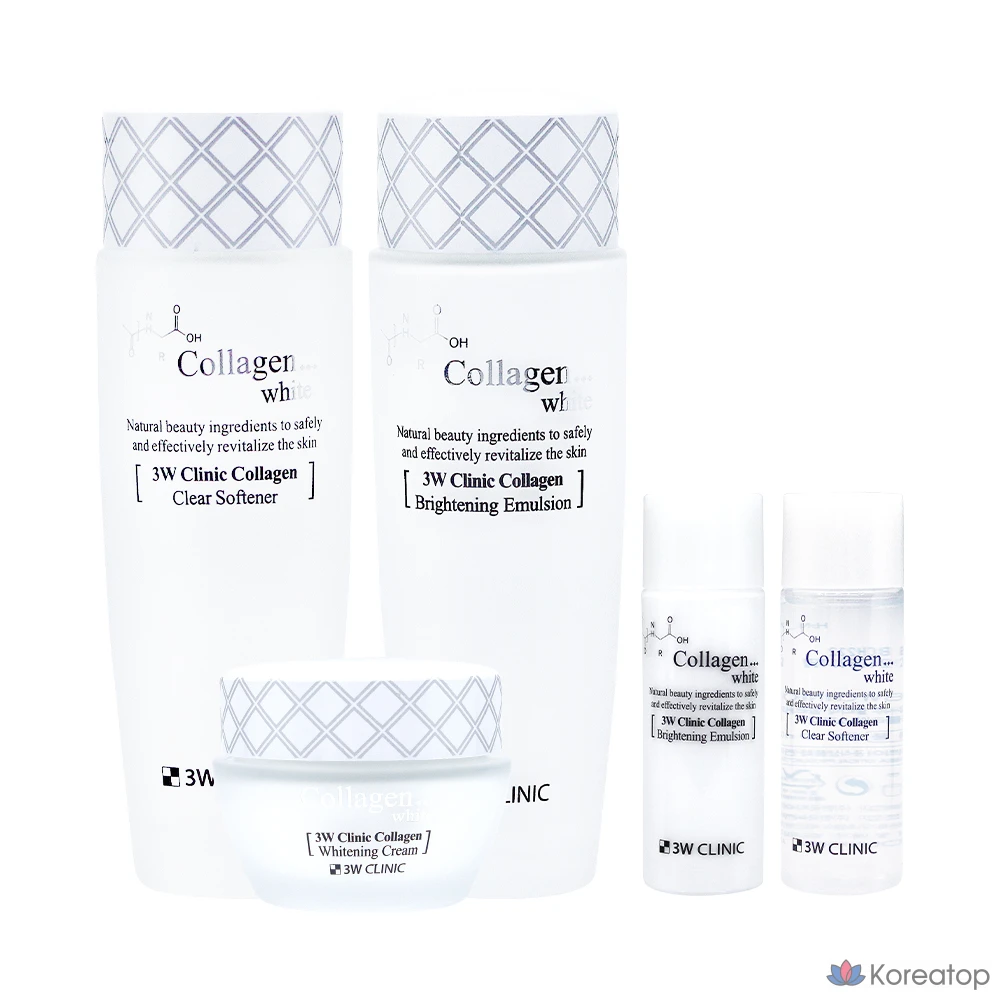 Набор 3W Clinic Collagen White Skincare из 3 предметов: смягчитель 150 мл + эмульсия 150 мл + крем 60 г + смягчитель 30 мл + эмульсия 30 мл