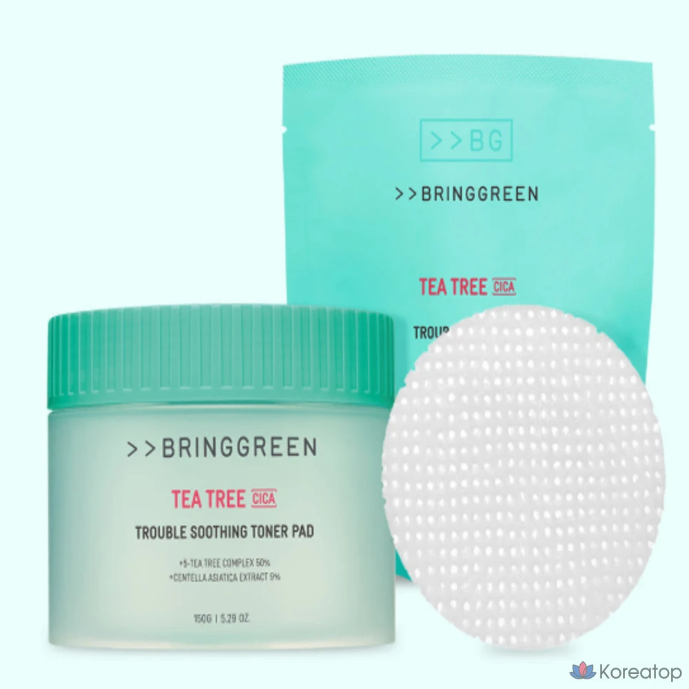 Тоник-подушечки Bring Green Tea Tree Cica Trouble, 90 листов, сменный блок 90 листов, 1 упаковка