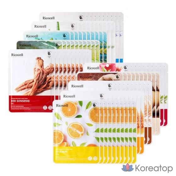 Маска для лица Ricocell Nature Recovery Mask Pack, 100 листов, 10 видов: увлажняющие, питательные, витаминные, коллагеновые, с алоэ, огурцом, картофелем и рисом компонентов, 1 упаковка