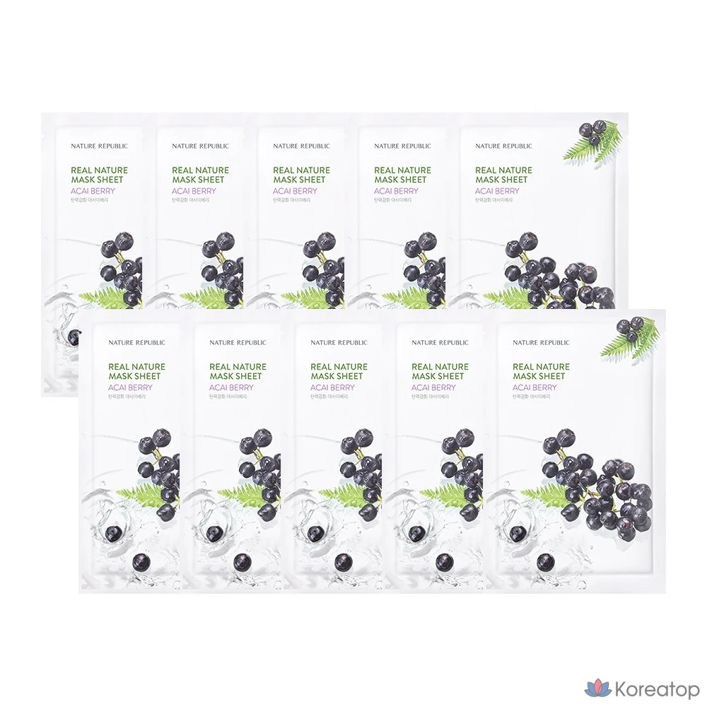 Набор масок для лица Nature Republic Real Nature с ягодами асаи, 30 штук.