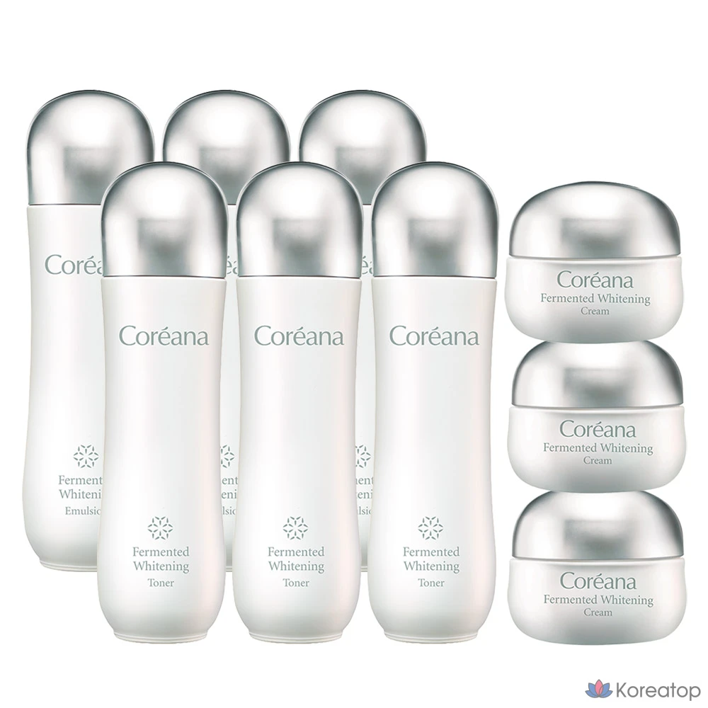 Набор из 3 флаконов: осветляющий тоник с ферментированными компонентами + эмульсия + крем Coreana