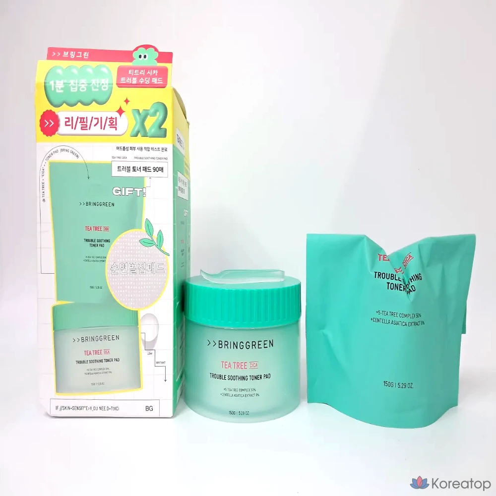 Тонизирующие подушечки для лица Bring Green Tea Tree Cica Trouble, 90 листов, 1 упаковка, 180 листов