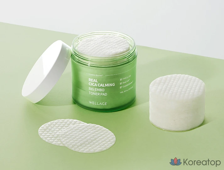 Тонизирующие подушечки WELLAGE Real Cica Calming Big Embo, 160 мл, 70 листов, 1 упаковка.