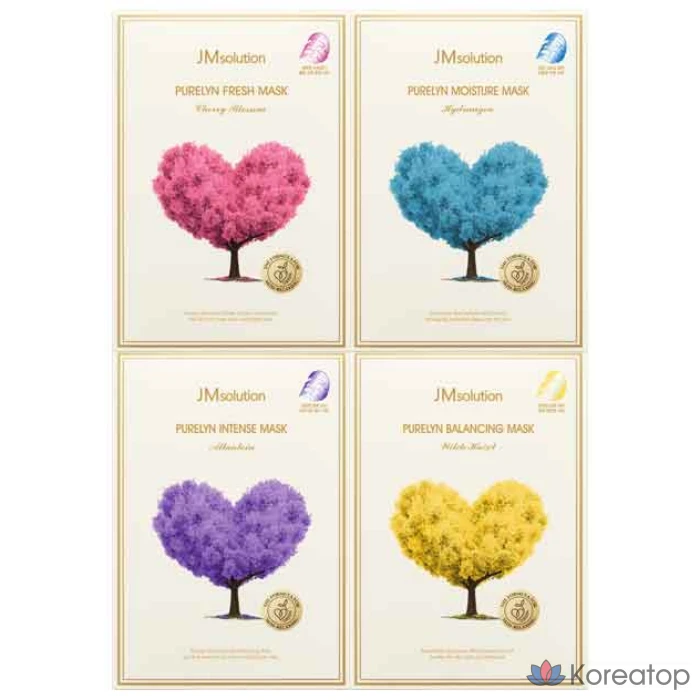 Набор из 4 масок JM Solution Purerin, успокаивающее увлажнение, придание жизненной силы, 2 комплекта (80 листов)