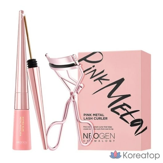 Тушь для ресниц Neogen Extra Slim Metal Maxi Mascara Black, 6ml, набор из двух металлических щипцов для завивки ресниц Pink Metal Curler Duo Set, Black, 1 шт.