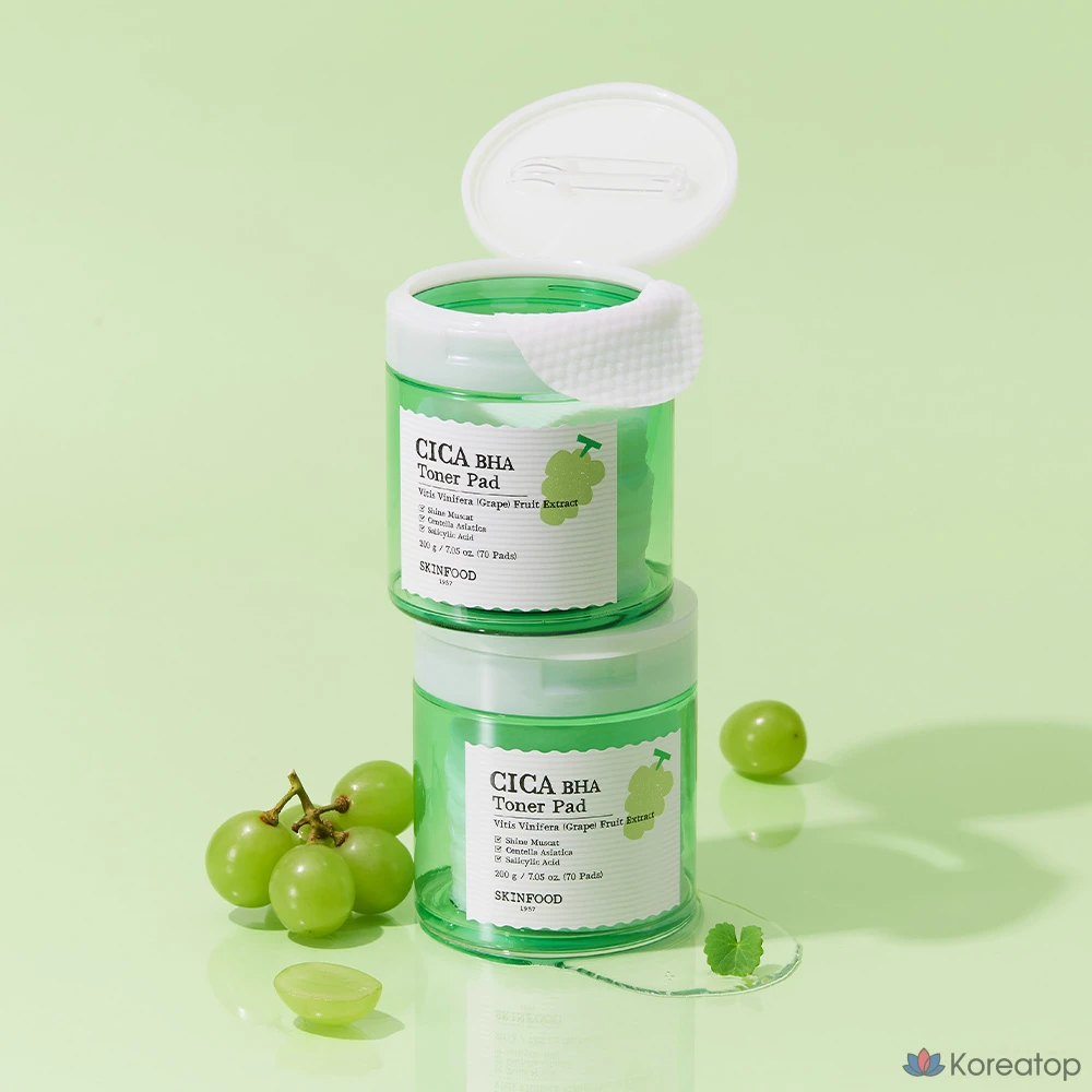 Тонизирующие подушечки Skinfood Shine Muscat Cica BHA, 200 г, 70 листов, 1 упаковка.