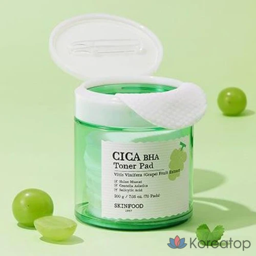 Тонизирующие подушечки Skinfood Shine Muscat Cica BHA, 200 г, 70 листов, 1 упаковка.