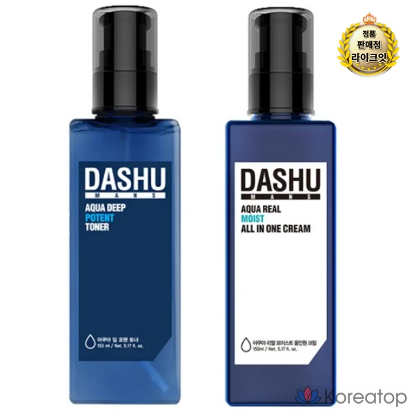 Набор из 10 флаконов: тоник DASHU Men's Aqua Deep Potent Toner 153 мл и увлажняющий крем Men's Aqua Real Moist All-in-One Cream 153 мл.