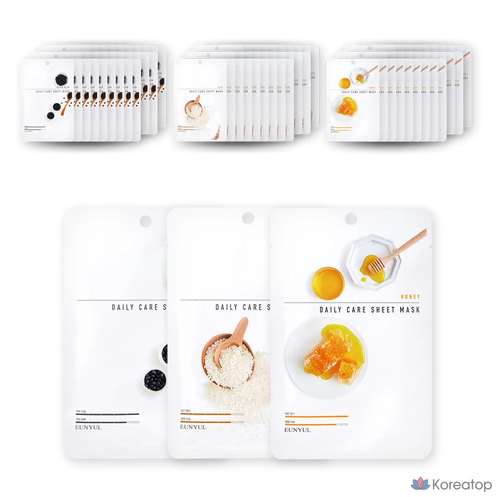 Набор увлажняющих тканевых масок Eunyul Daily Care: черная фасоль 10 пенсов + рис 10 пенсов + мед 10 пенсов, 30 штук, 6 упаковок.