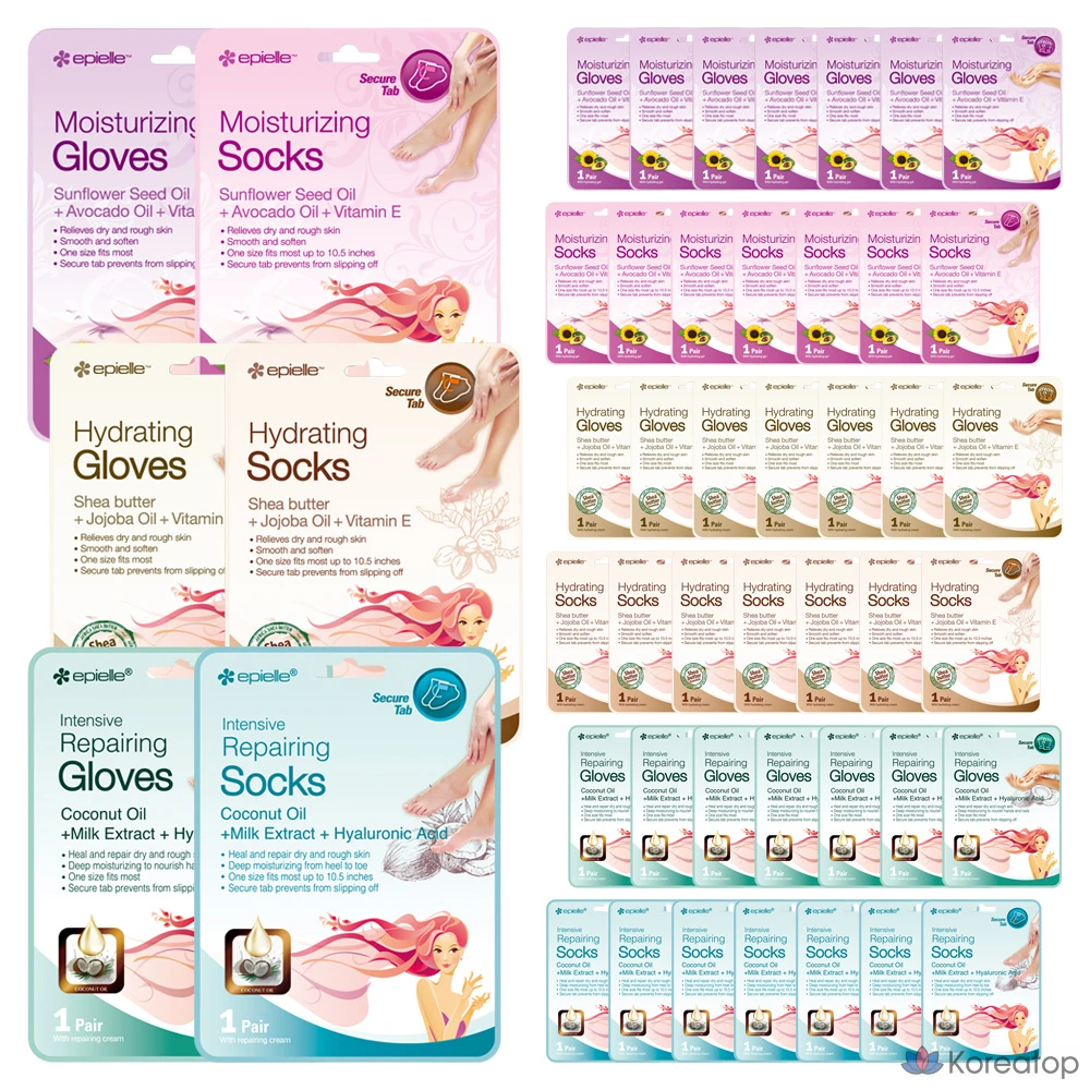 Набор масок для рук и ног Epielle: увлажняющая (4 шт.), увлажняющая (4 шт.) и восстанавливающая (4 шт.).