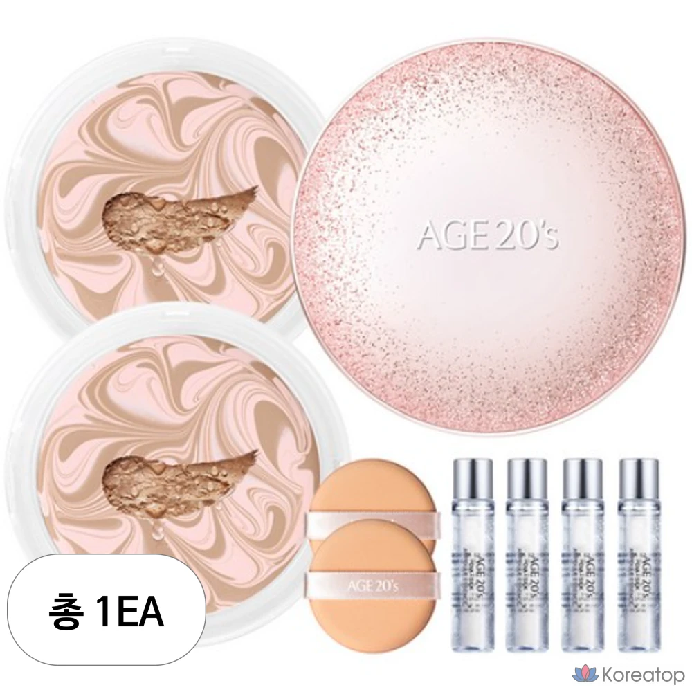 Набор для макияжа Age 20's Essence Cover Pact Sparkle Case + сменный блок 12,5 г x 2 шт. + ампула 10 мл x 4 шт., розово-бежевый, 1 шт.