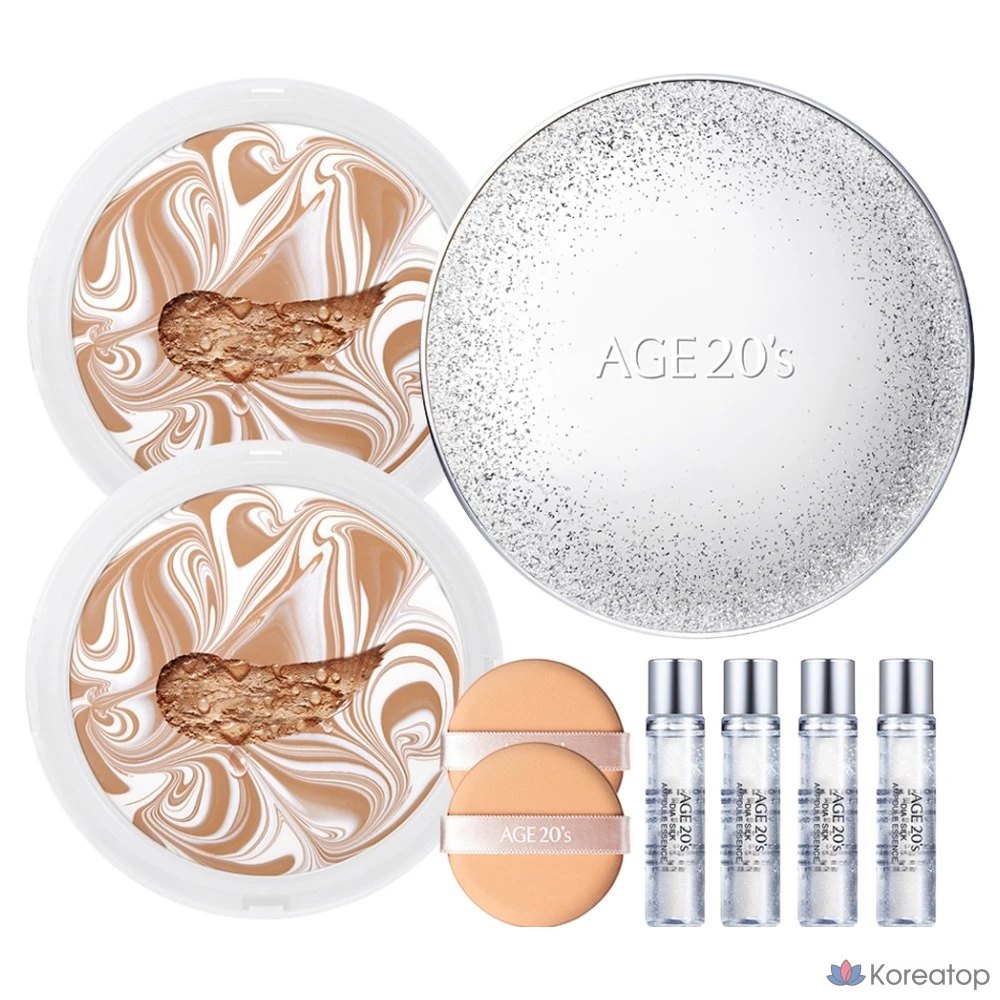 Набор для макияжа Age 20's Essence Cover Pact Sparkle Case + сменный блок 12,5 г x 2 шт. + ампула 10 мл x 4 шт., цвет белый бежевый (№ 23), 1 шт.