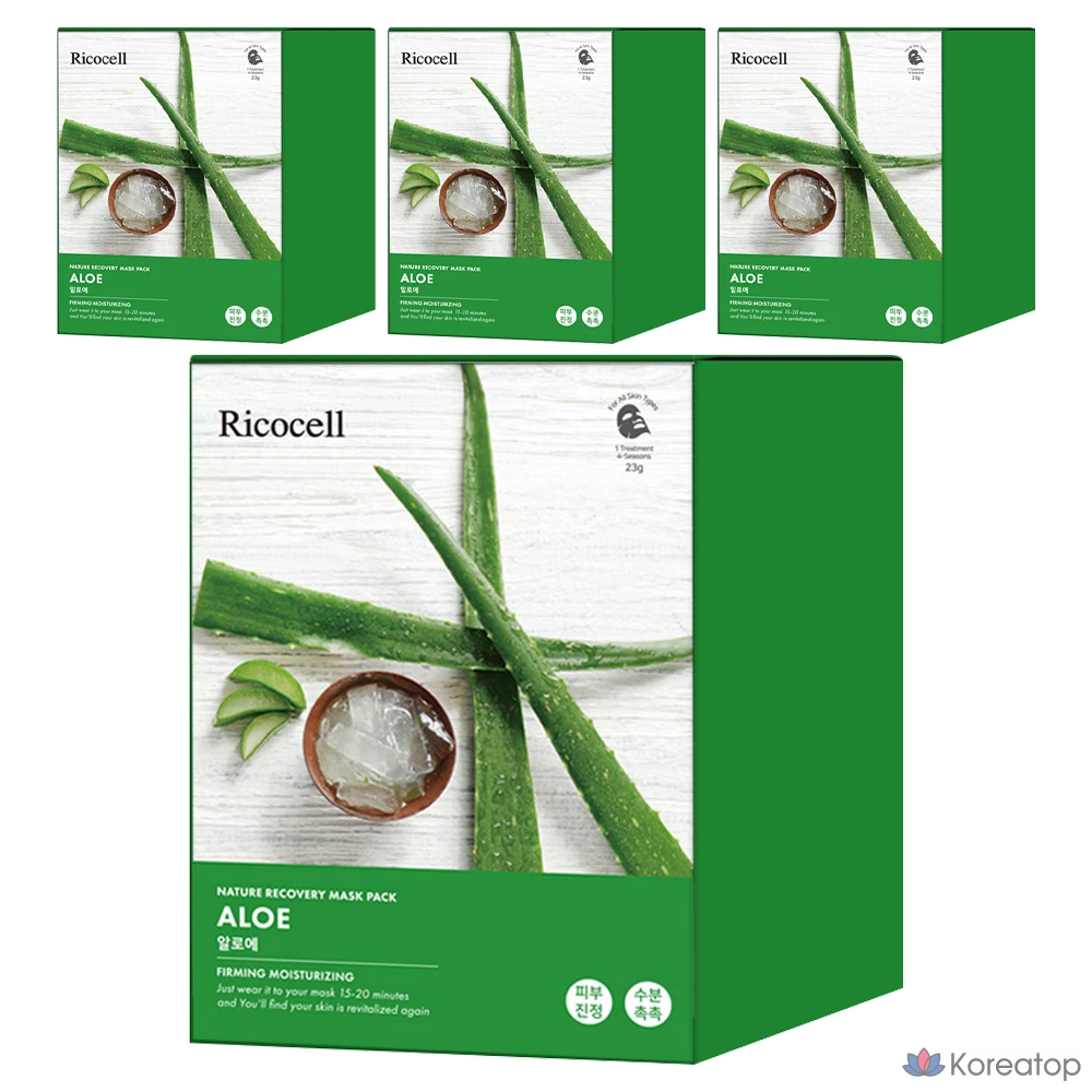 Набор восстанавливающих масок Ricocell Nature Recovery Mask Pack с алоэ вера, 30 штук, 4 упаковки.