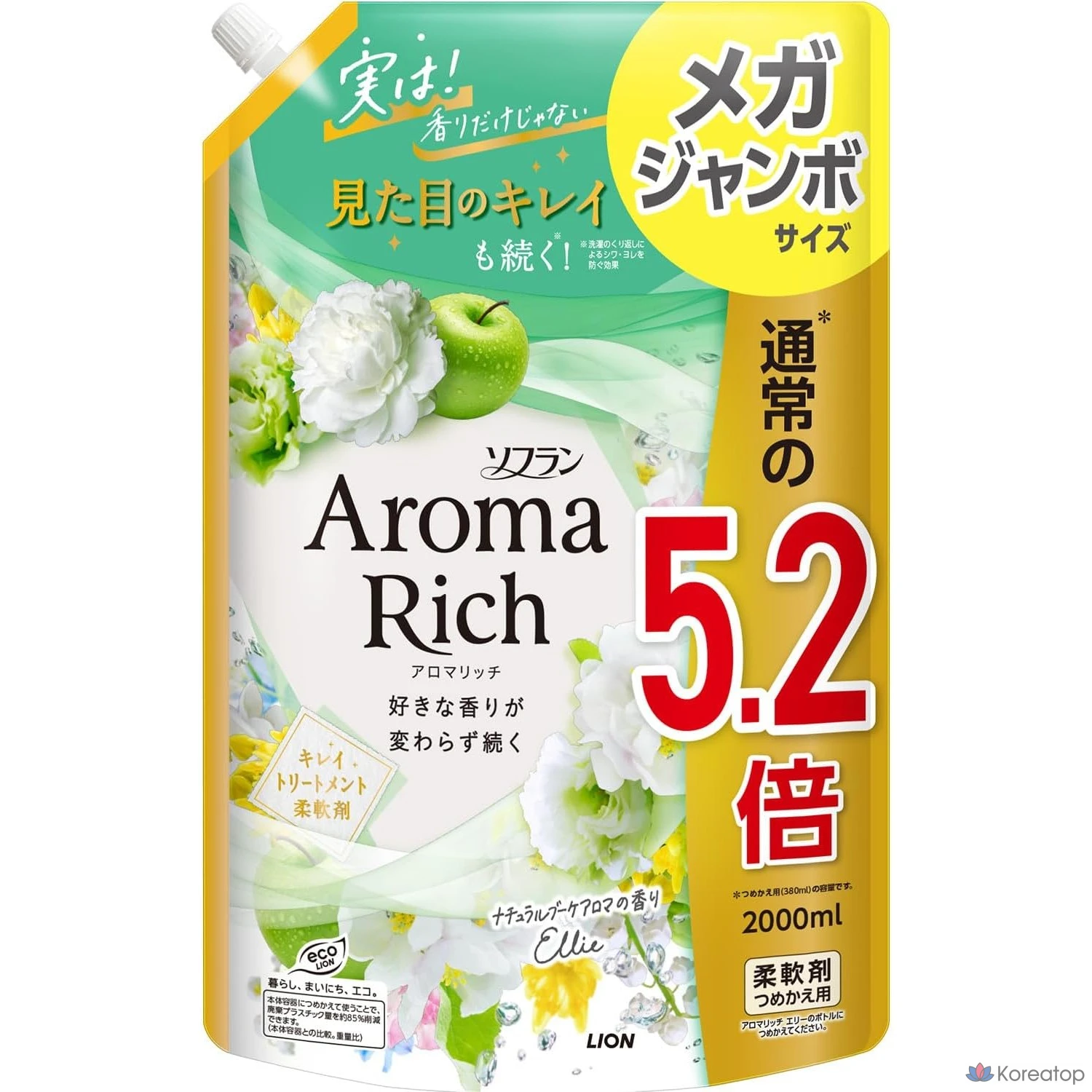 Смягчитель для белья Lion Japan Soprano Aroma Rich Natural Bouquet Mega Jumbo Size Large Capacity Refill, 2000ml, 2L, 1 шт.