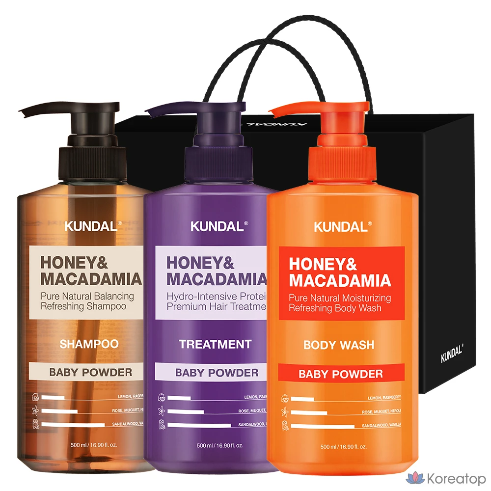 Подарочный набор Kundal: шампунь 500 мл + средство для ухода 500 мл + гель для душа 500 мл (3 шт.), детская присыпка, 1 комплект.