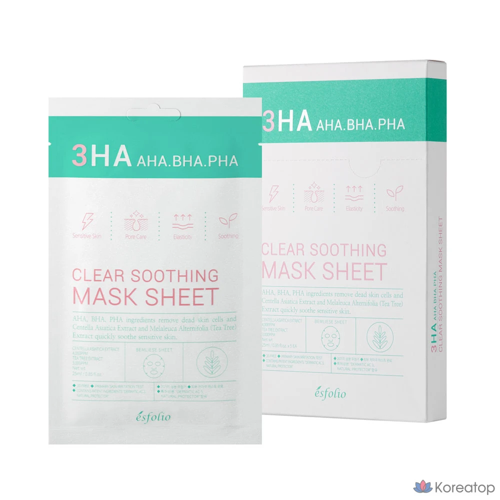 Успокаивающая маска для лица Esfolio Threeha Clear Calming Mask, 10 листов, экстракт центеллы азиатской, средство от акне, (25 мл x 5 листов) *2 комплекта, 10 штук