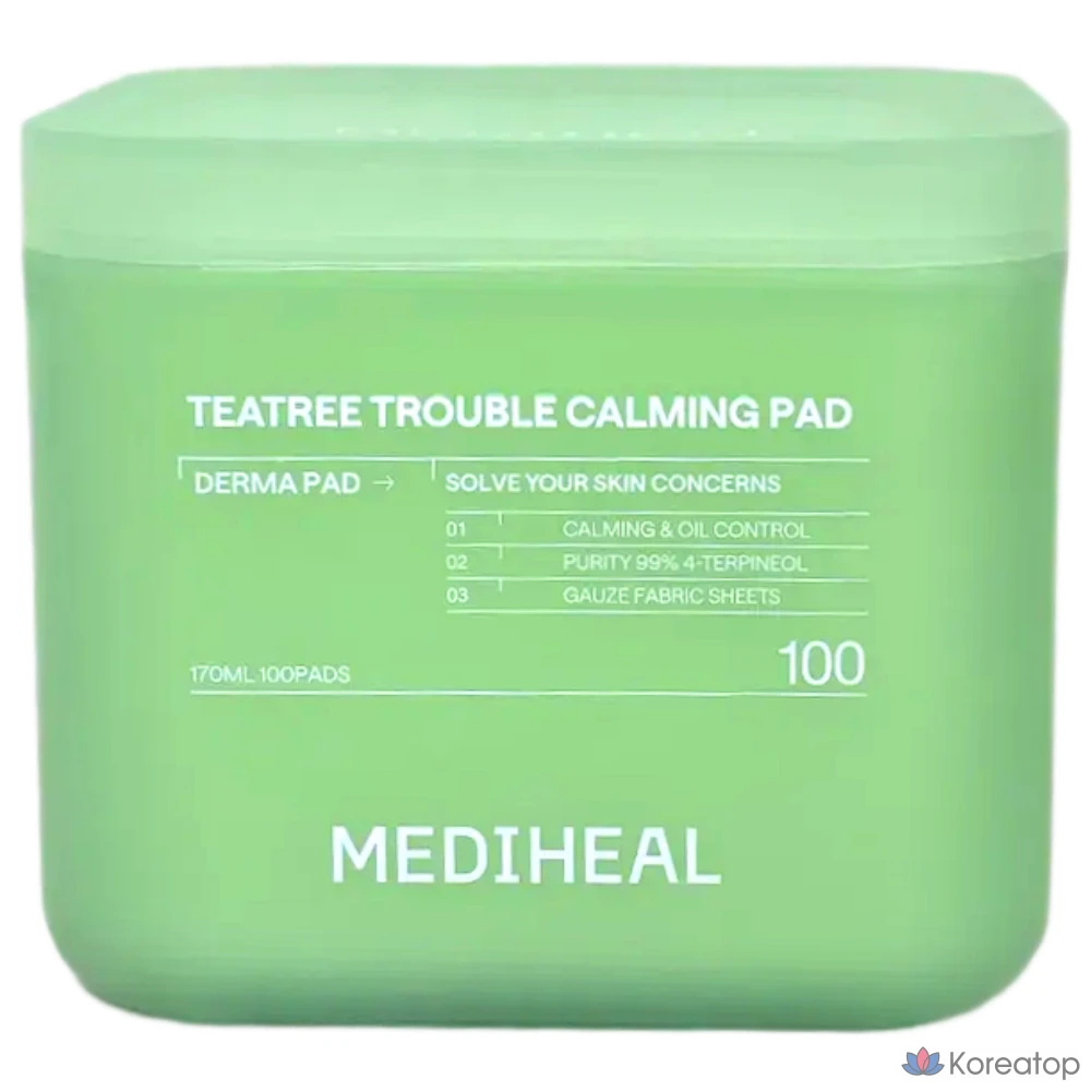 Успокаивающие подушечки Mediheal Derma Tea Tree Trouble Soothing Pads 2-го поколения, 100 листов, 1 упаковка.