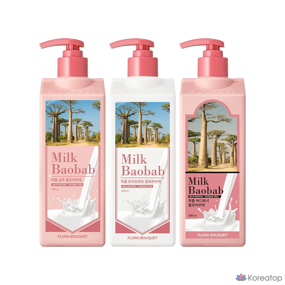 Набор из 1 флакона шампуня, средства для ухода и геля для душа Milk Baobab Perfume, аромат «Флора Букет», 500 мл (мягкокислотный, с молочным белком).