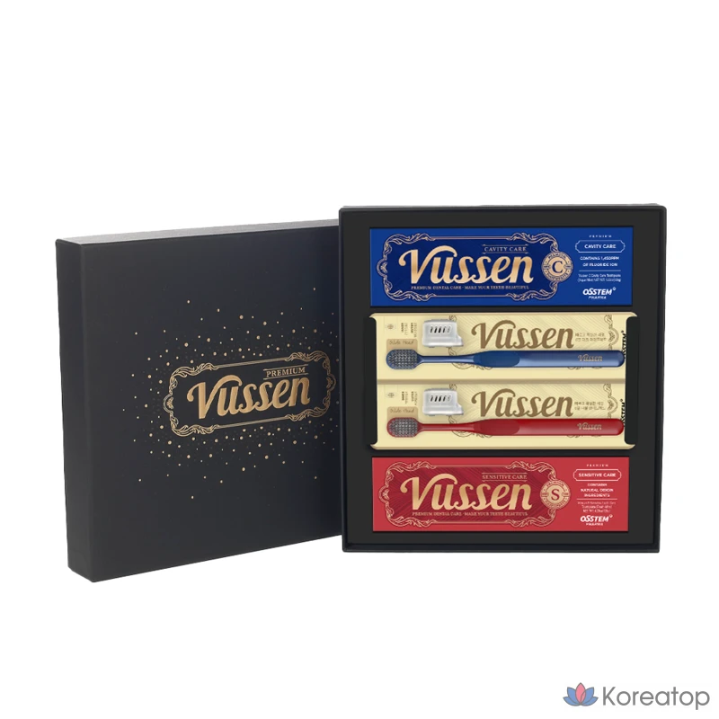 Набор для ухода Vussen Osstem Toothpaste Toothbrush 2&2 Gift Set (зубная паста C и S по 1 шт., зубная щетка черная и красная по 1 шт., кейс, шоппер), 120 мл, 1 шт.