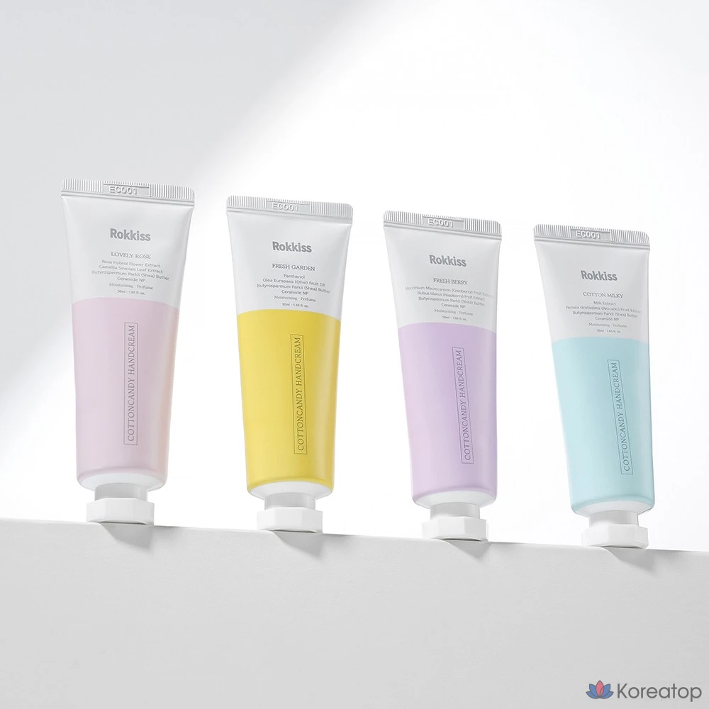 Крем для рук Rokkiss Cotton Candy: Lovely Rose 50 г + Fresh Garden 50 г + Fresh Berry 50 г + Cotton Milky 50 г, 1 упаковка