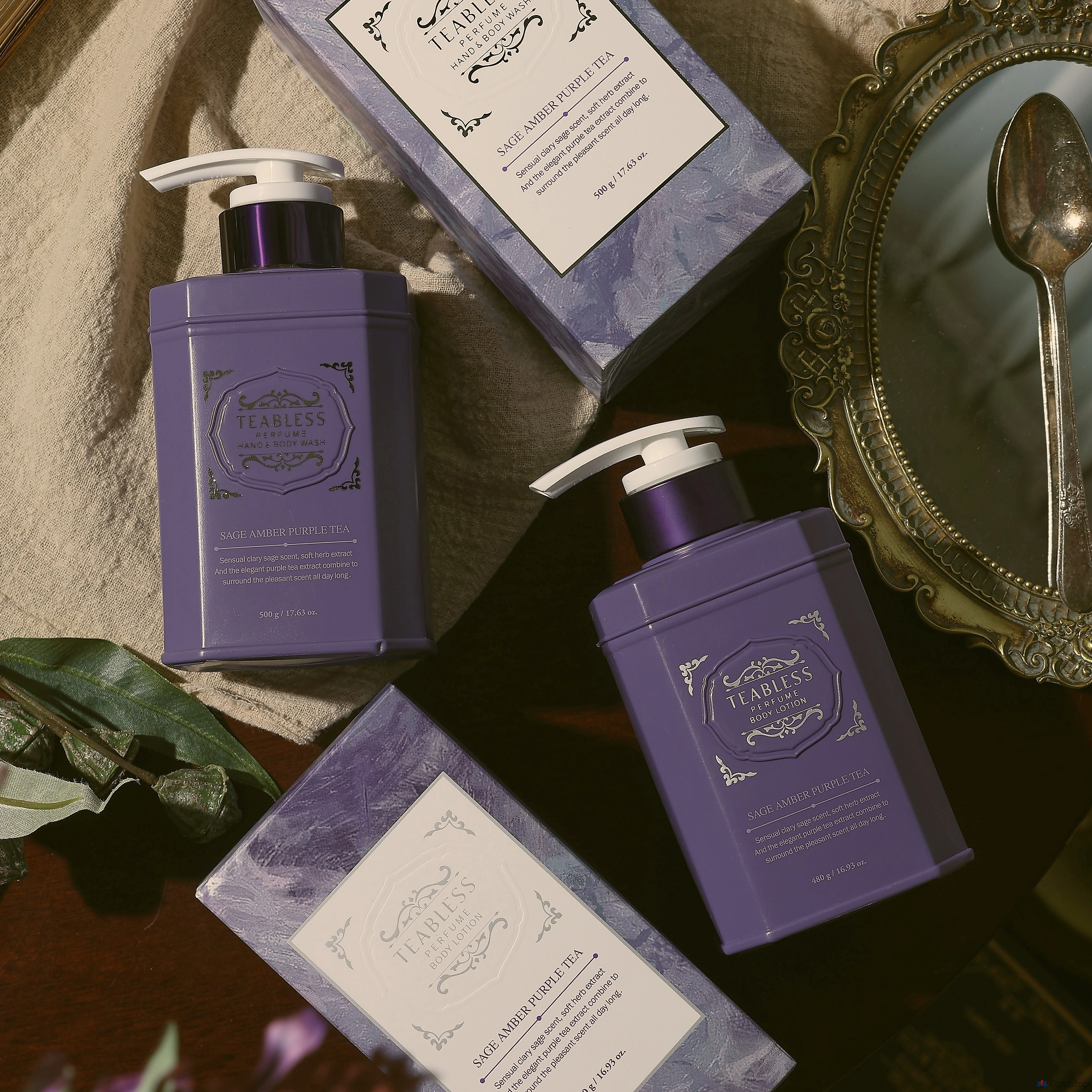 Teabless Sage Amber Purple Tea: лосьон для тела и гель для душа, 1 комплект.