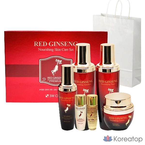 Набор из 4 предметов базовой косметики 3W Clinic Red Ginseng Nourishing Skincare, 1 комплект.