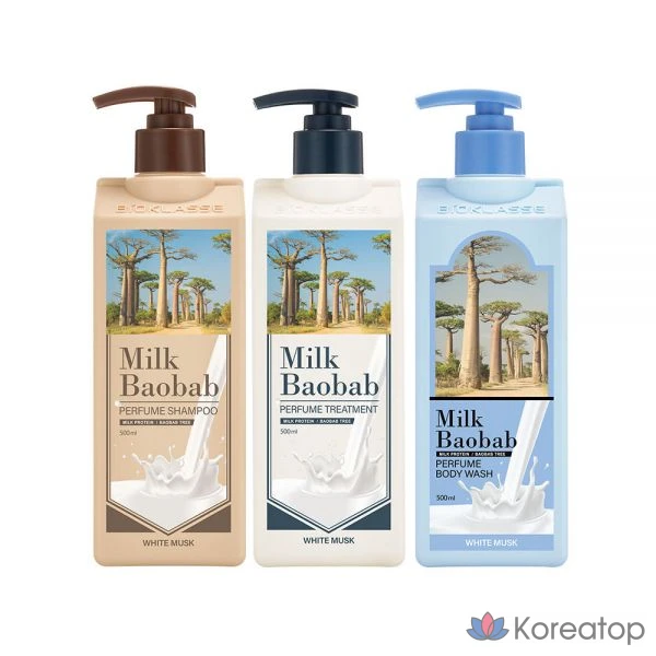 Набор «Белый мускус» с парфюмированным мылом «Молоко Баобаб», включающий шампунь, средство для ухода и гель для душа, 500 мл.