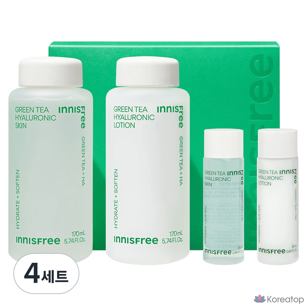 Набор средств по уходу за кожей Innisfree с зеленым чаем и гиалуроновой кислотой, 4 комплекта.
