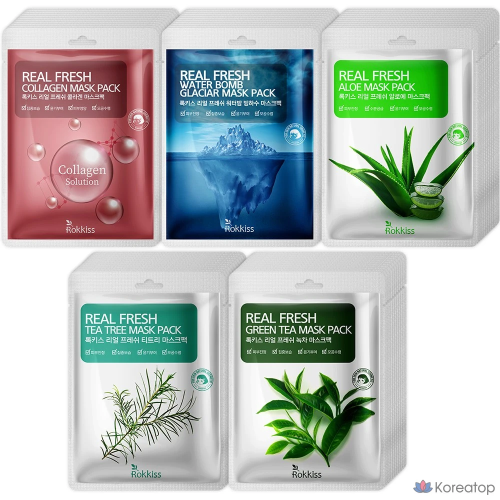 Набор масок Wonjin's Real Fresh Mask Pack: ледниковая вода 10 пенсов + коллаген 10 пенсов + масло чайного дерева 10 пенсов + алоэ 10 пенсов + зеленый чай 10 пенсов, 1 шт., 50 штук.