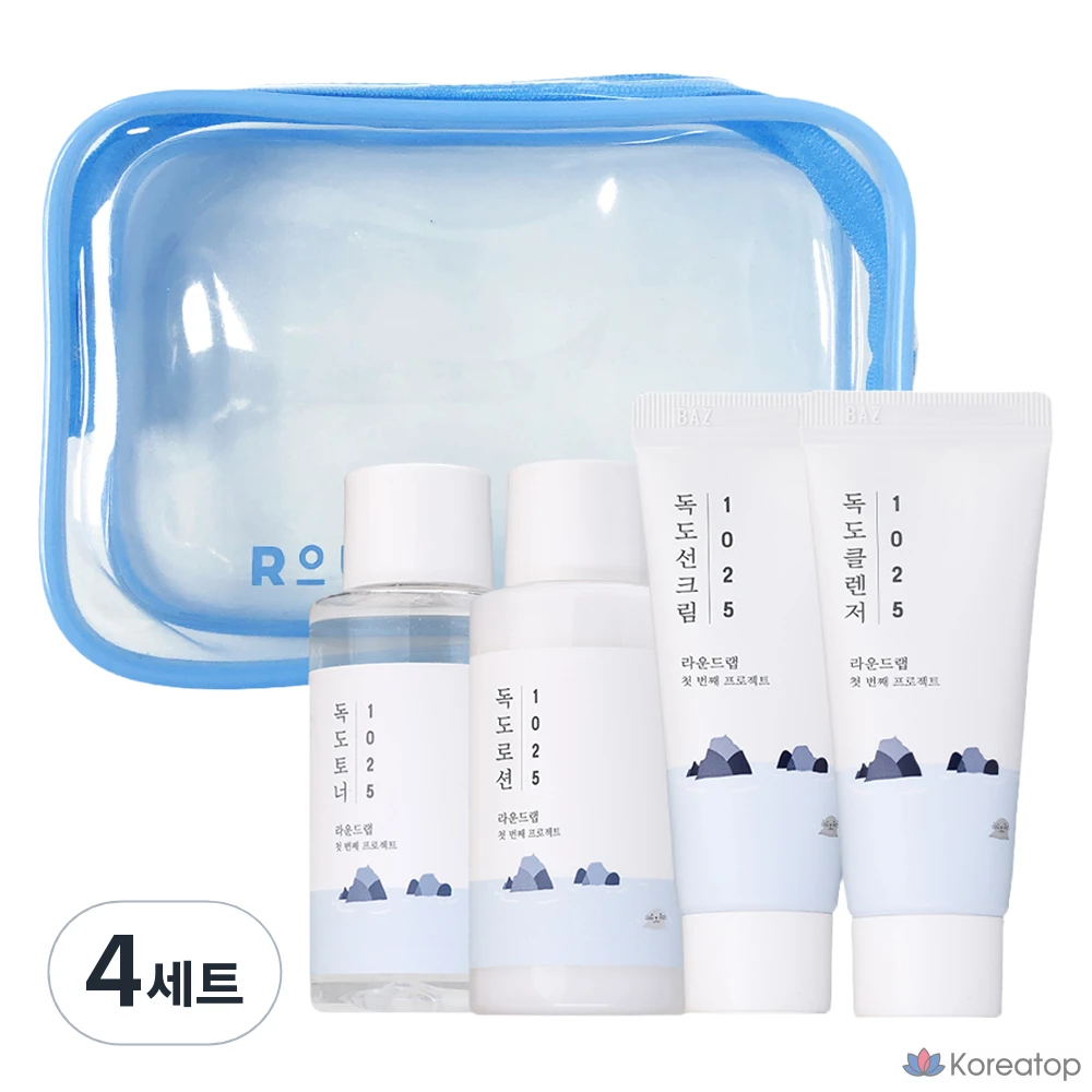 Дорожный набор Round Lab 1025 Dokdo: тоник + лосьон + солнцезащитный крем + очищающее средство + косметичка (4 комплекта)