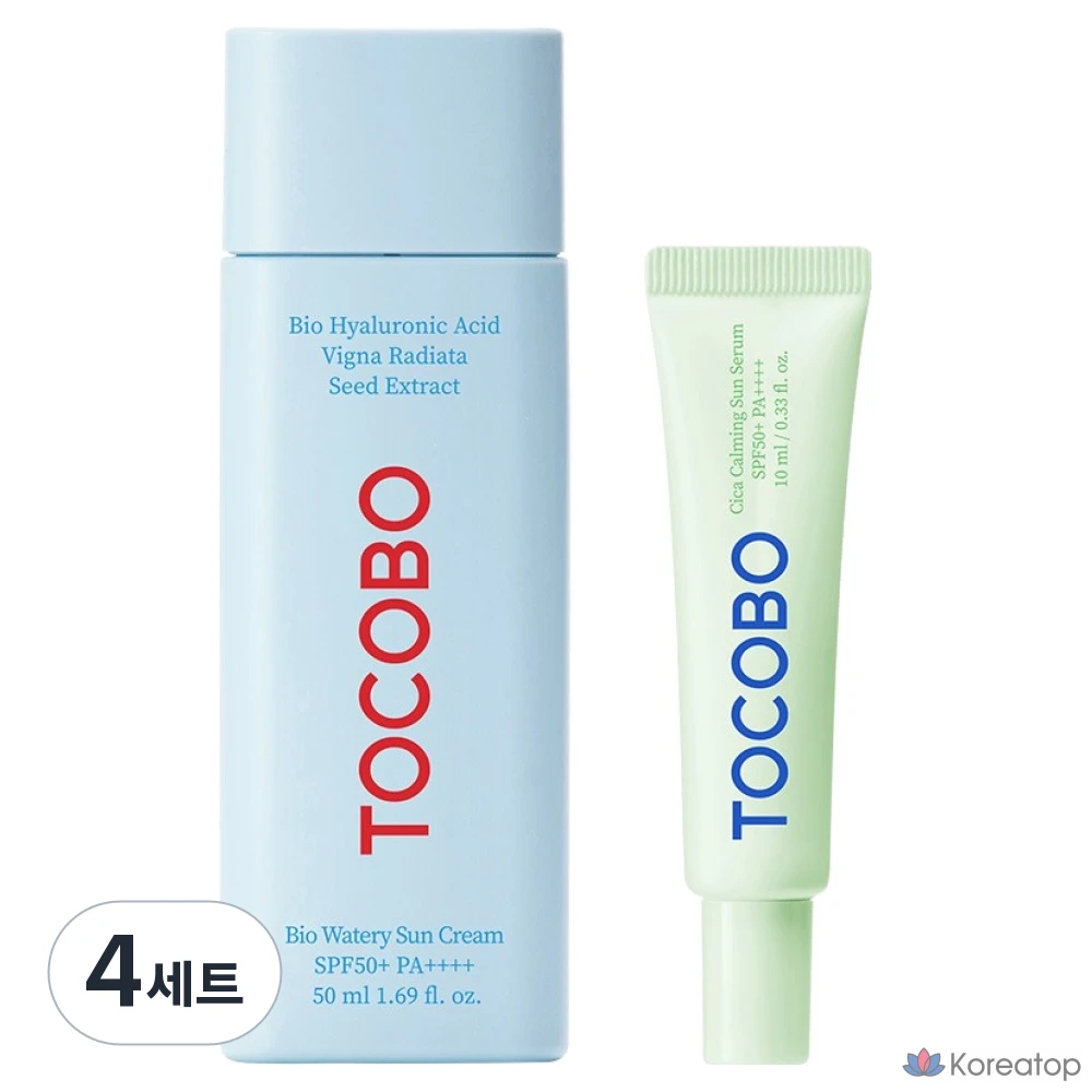 Набор из 4 успокаивающих солнцезащитных средств Tokobo Bio Watery Sunscreen 50 мл и Cica Calming Sun Serum 10 мл, SPF50+ PA++++.