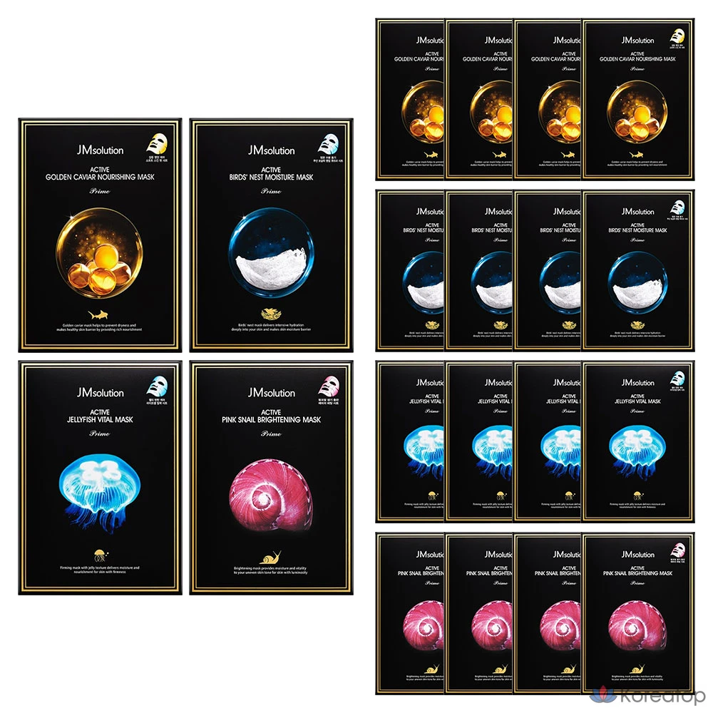 Набор масок JM Solution Active Solution: Золотая икра 10 пенсов + Птичье гнездо 10 пенсов + Розовая улитка 10 пенсов + Медуза 10 пенсов, 40 штук, 5 упаковок.
