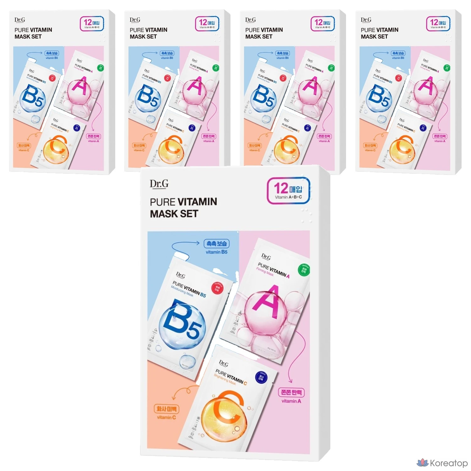 Набор из 5 масок Dr.G Pure Vitamin A Firming 4p + Vitamin B5 Moisturizing 4p + Vitamin C Brightening 4p.