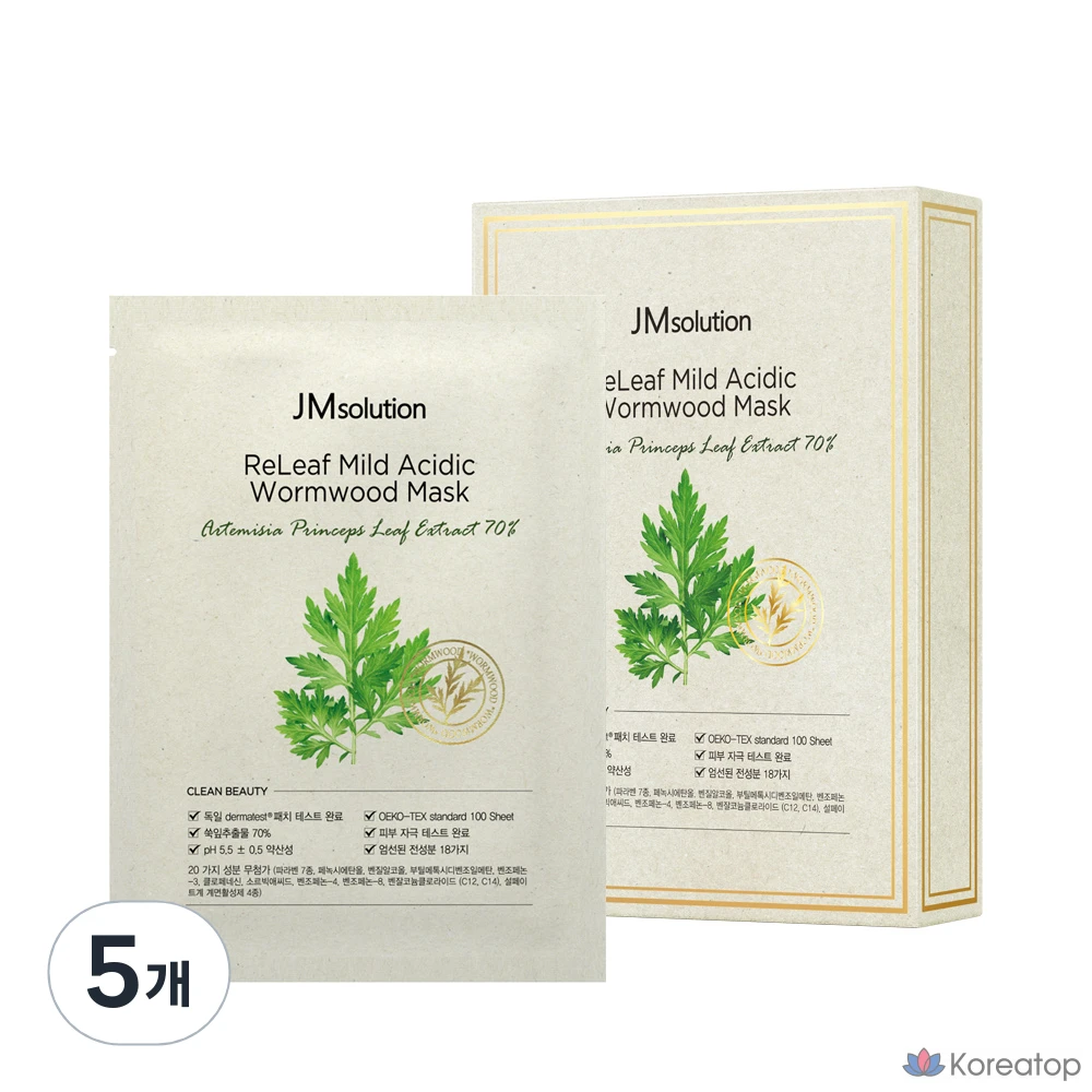 Маска для лица JM Solution Relief с умеренно кислой средой и экстрактом полыни, упаковка из 10 и 5 штук.